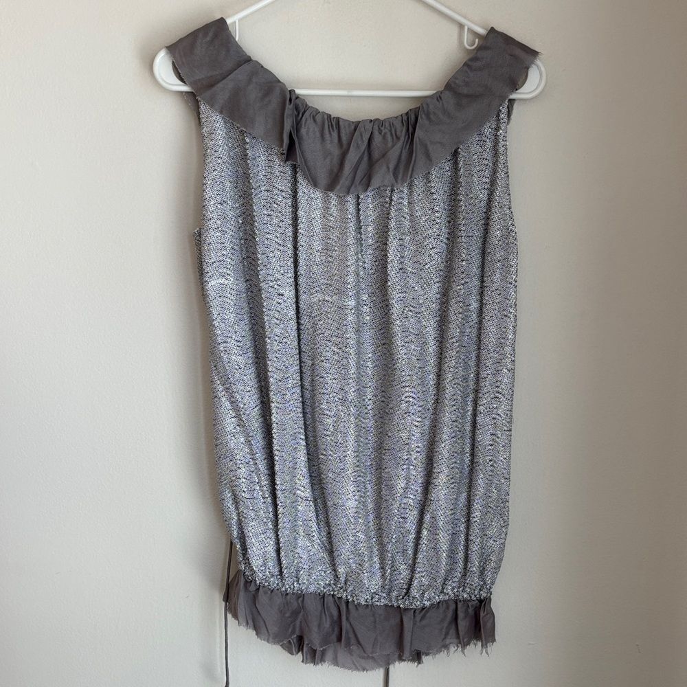 Sachin + Babi 100% silk Silver metallic Sleeveless Top w/ Ruffle Details women M - Picture 8 of 10